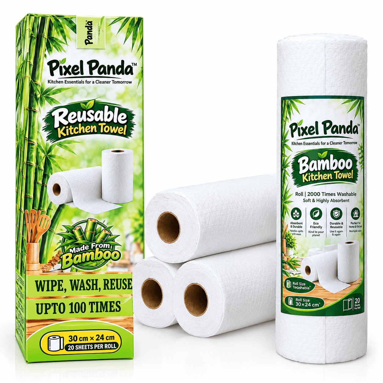 Pixel Panda Reusable Bamboo Kitchen Towel Roll – 80 Sheets | Pack of 4
