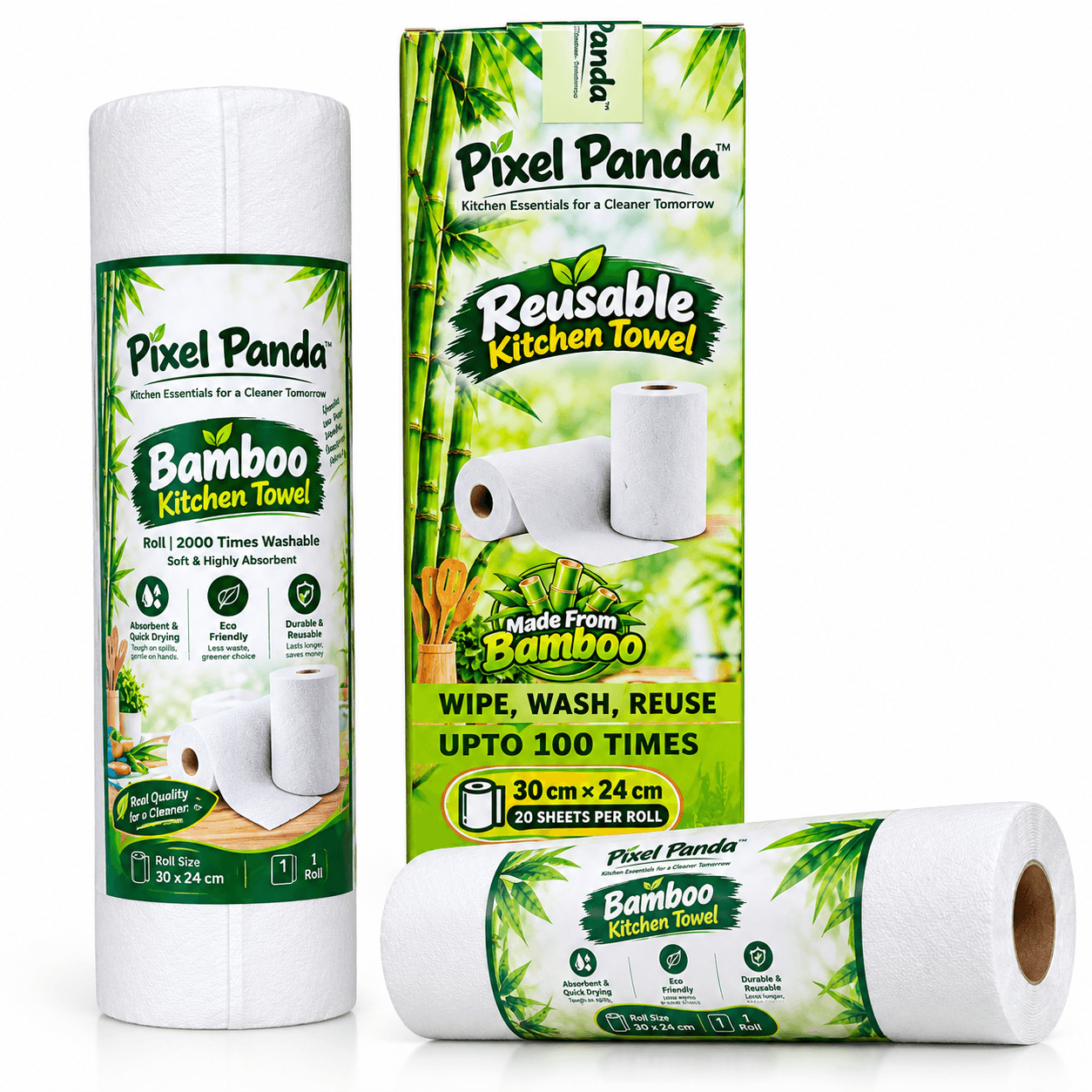 Reusable Bamboo Kitchen Towel Roll - 40 Sheets (PACK OF 2)